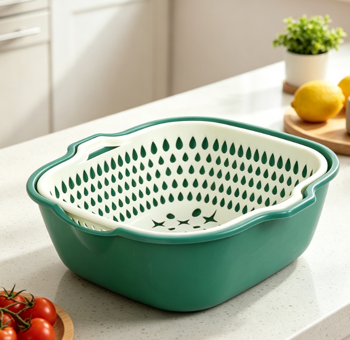 Stylish Dual-Layer Draining Basket; Kitchen Fruit & Vegetable Washing Set - Image 2