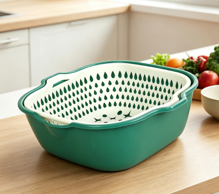 Stylish Dual-Layer Draining Basket; Kitchen Fruit & Vegetable Washing Set