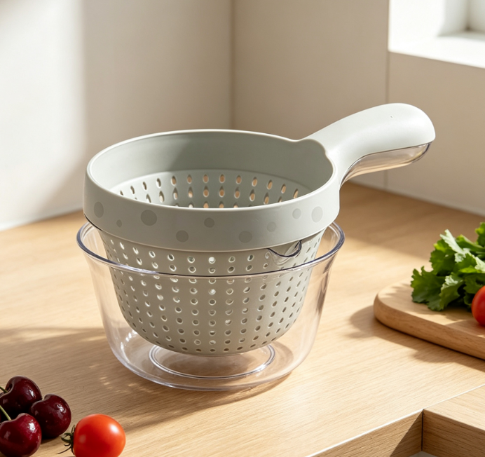 Double-Layer Draining Basket With Handles; Detachable For Cleaning