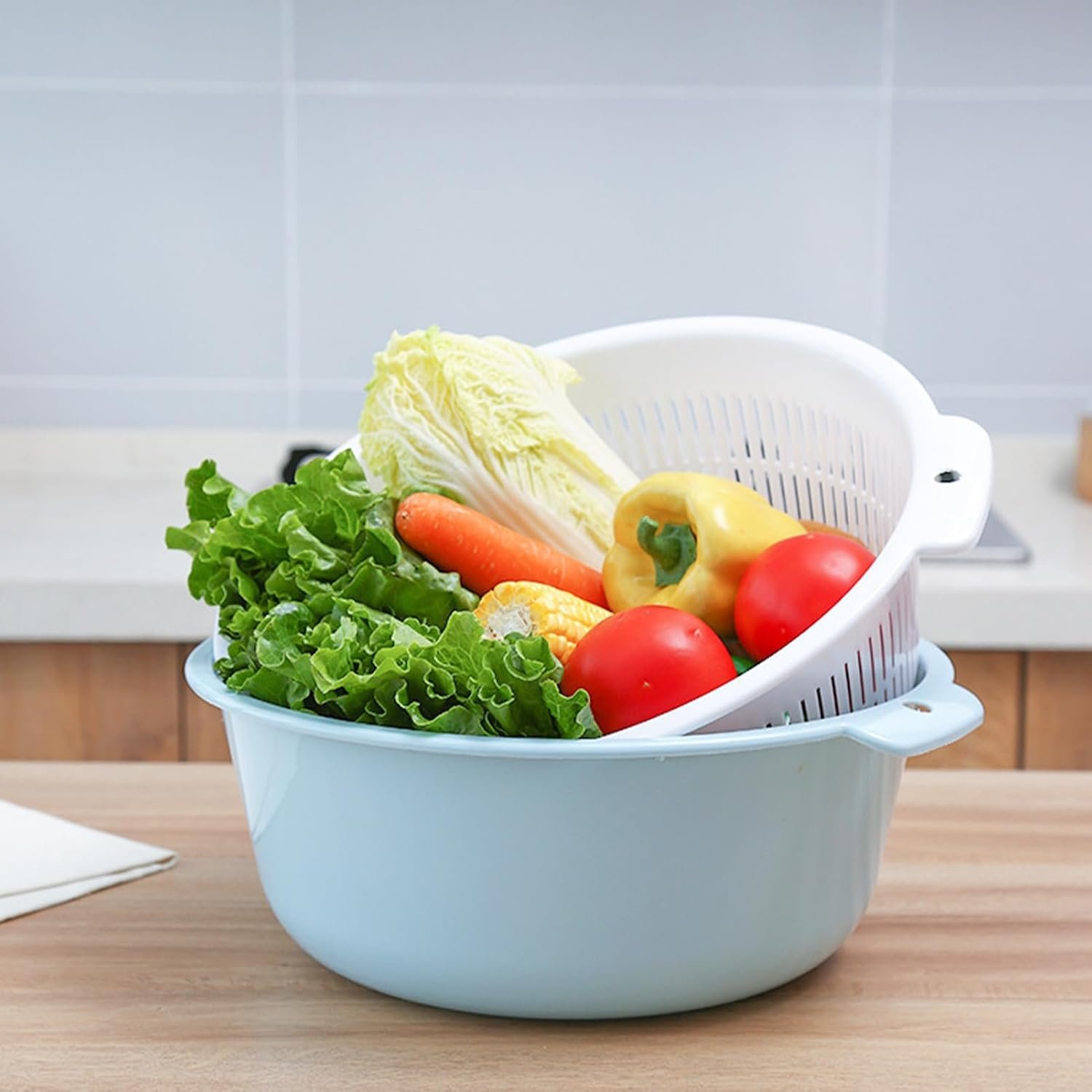 Thickened Large-Capacity Dual-Layer Basket; For Washing Produce And Rice - Image 2