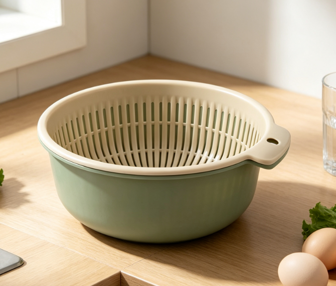 Double-Layer Rotating Colander; For Washing And Storing Produce